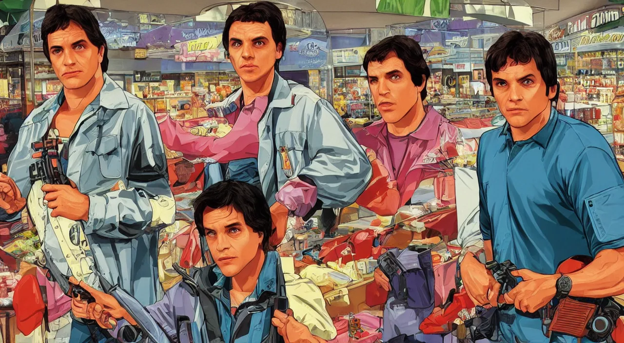 Image similar to GTA V illustration of 1980s Ralph Macchio on the cover of GTA V, in the food court of a 1980’s shopping mall