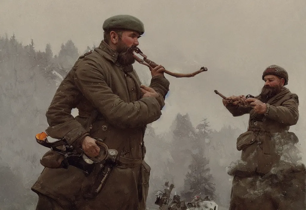 Image similar to A Soviet tankman with a short beard, wearing Sámi clothing, smoking a pipe, trending on ArtStation, 4k, oil painting by Jakub Rozalski and Alphonse Mucha