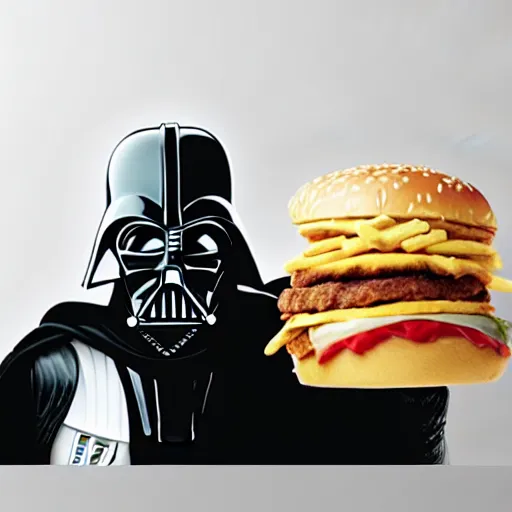Prompt: A still of Darth Vader eating a Big Mac, 4k, photograph, ultra realistic, highly detailed, studio lighting