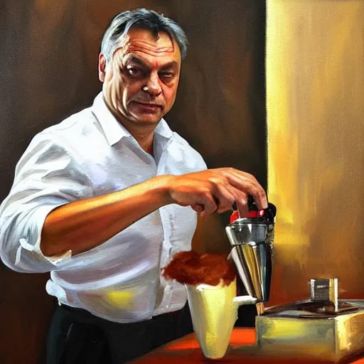 Prompt: viktor orban making specialty coffee, oil painting