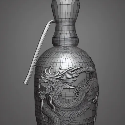 Image similar to transparent ancient boar flask with Chinese dragon, raytracing, orthographic 3d rendering, octane render