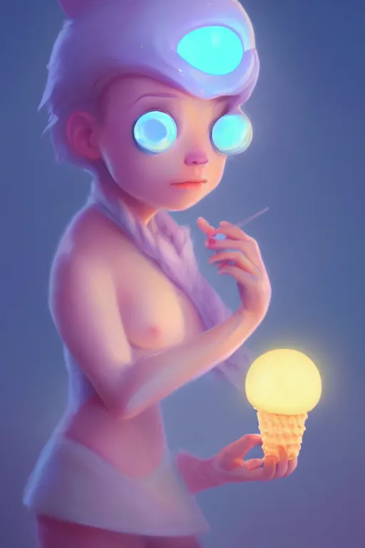 Image similar to super cute Bioluminescent melting ice cream character concept, soft light, soft mood, realistic body features and face, illustration, painting oil on canvas by Elena Zhurikhina and Goro Fujita and Charlie Bowater, octane render trending on artstation, 4k, 8k, HD
