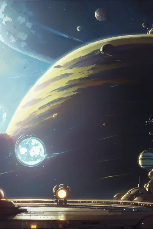 Image similar to steampunk spaceship infront of a planet, exquisite details, denoised, mid view, by karl kopinski, artsation, greg rutkowski, makoto shinkai, takashi takeuchi, studio ghibli