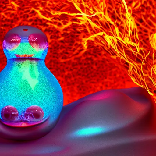 Image similar to lava lamp, gelatinous cute creature inside, happy, playful, vivid, globules, 8 k, octane render