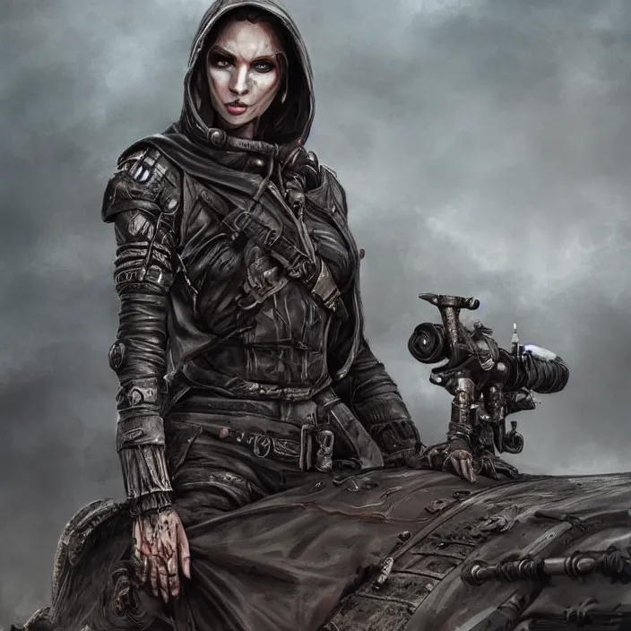 Image similar to beautiful apocalyptic woman in hooded cloak, standing on mad max panzer tank, hyper-detailed, smooth, sharp focus, 4k ultra hd, fantasy dark art, tank girl, artgerm, artstation, octane render, elegant, detailed digital painting, apocalyptic art