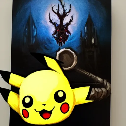 Image similar to pikachu as a bloodborne boss using oil painting