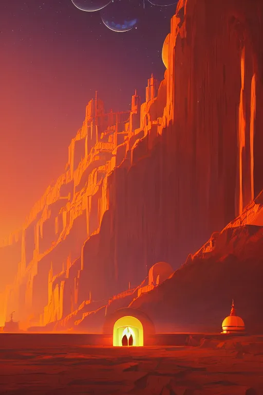 Image similar to tibetan temple glowing orange in canyon, geometric lines and planets in the sky, dramatic lighting, artstation, matte painting, ralph mcquarrie, simon stalenhag