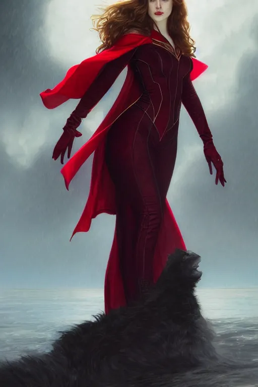 Image similar to alexandra daddario as scarlett witch cosplay, realistic portrait, symmetrical, highly detailed, digital painting, artstation, concept art, smooth, sharp focus, illustration, cinematic lighting, art by artgerm and greg rutkowski and alphonse mucha