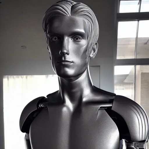 Prompt: “a realistic detailed photo of a guy who is an attractive humanoid who is half robot and half humanoid, who is a male android, twitch streamer and youtuber Ludwig Ahgren, shiny skin, posing like a statue, blank stare”