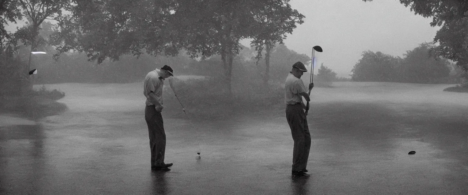 Prompt: detailed sharp photograph in the style of popular science circa 1 9 5 5 and gregory crewdson of a solitary man playing golf in the rain