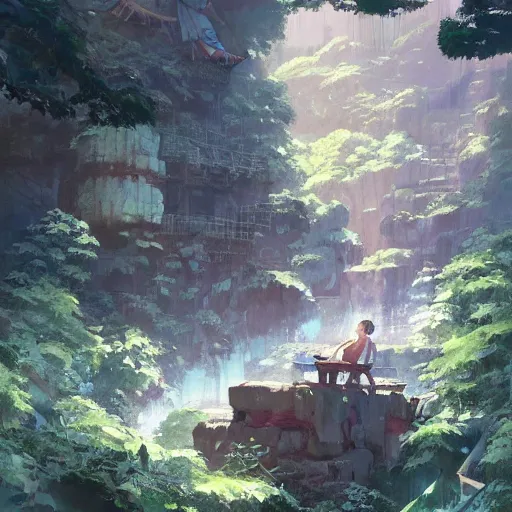 Image similar to carpenter ape in his workshop, landscape illustration concept art anime key visual trending pixiv fanbox by wlop and greg rutkowski and makoto shinkai and studio ghibli and kyoto animation