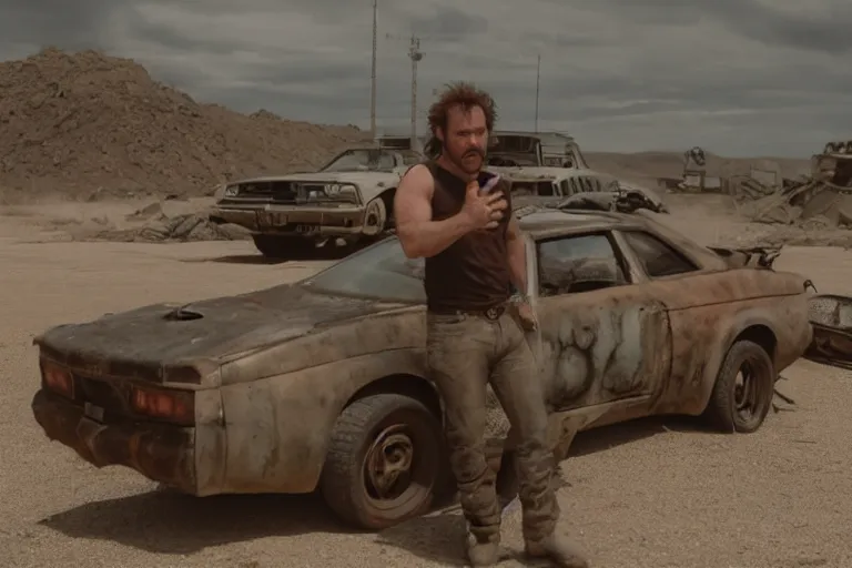 Prompt: Brian O'Connor in Mad Max Road Warrior, driving a (rusted), Nissan ((R34 GTR)), movie still, cinematic Eastman 5384 film, XF IQ4, 150MP, 50mm, F1.4, ISO 200, 1/160s, natural light