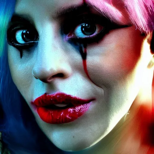 Image similar to an awe inspiring photorealistic movie poster featuring Lady Gaga as Harley Quinn hdr