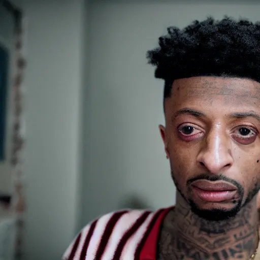 Image similar to cinematic film still of rapper 21 Savage starring in a Horror Anthology Series in the style of Wes Craven, shallow depth of field, HD, nightmare