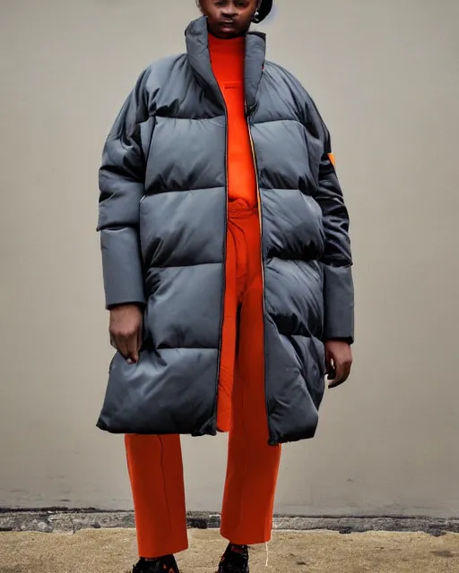 Prompt: a puffy and oversized winter jacket mango fruit jacket, worn by a very thin woman, designed by virgil abloh and wes anderson, photorealistic, modern