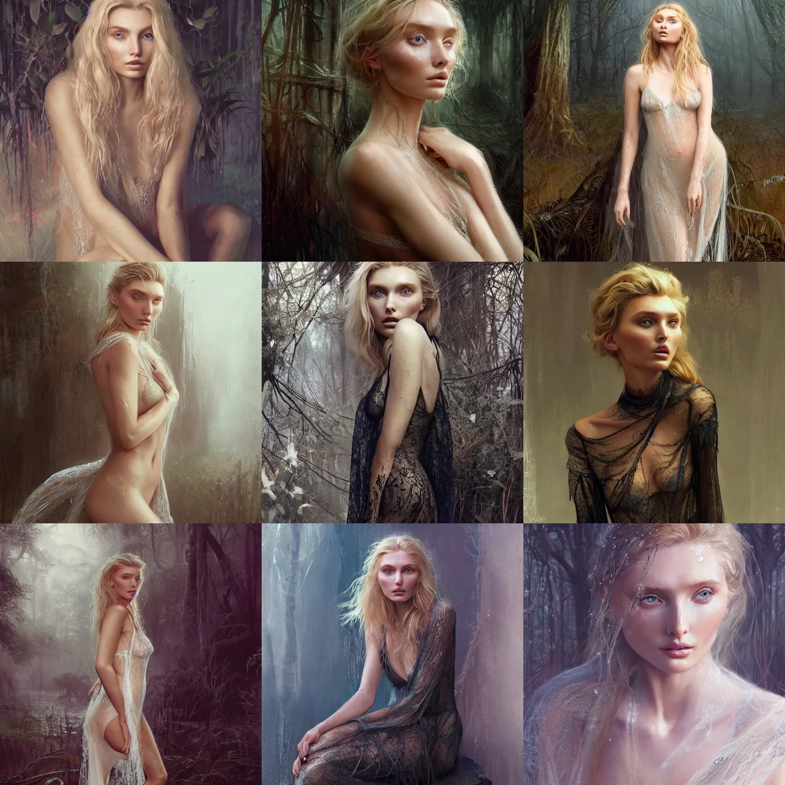 Prompt: Portrait Elsa Hosk wearing a wet lace nightgown, dark, intricate, overgrown swamp, highly detailed, smooth, artstation, digital illustration by Ruan Jia and Mandy Jurgens and Artgerm and Wayne Barlowe and Greg Rutkowski and Frank Frazetta