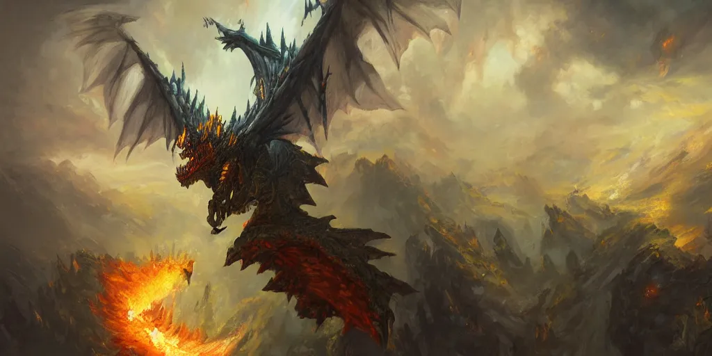 Prompt: oil painting of one deathwing dragon from world of warcraft flying down on earth by greg rutkowski, closed up view