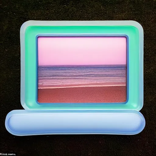 Prompt: a pastel colour high fidelity wide angle Polaroid art photo from a holiday album at a seaside dune with abstract inflatable parachute furniture, all objects made of transparent iridescent Perspex and metallic silver, no people, iridescence, nostalgic