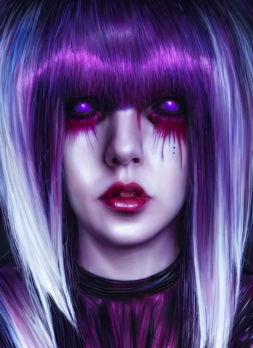 Image similar to hair whitebangs hair, black cyberlox, portrait of teenage girl with white bangs, whitebangsblackhair, messy bangs, cyberlox, whitebangs, red irises, purple clothes, intricate, elegant, glowing lights, highly detailed, digital painting, artstation, concept art, sharp focus, illustration, art by wlop, mars ravelo and greg rutkowski