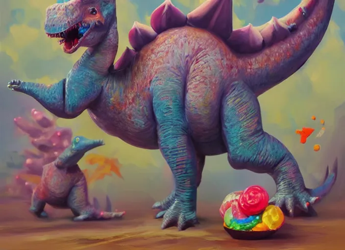 Image similar to concept design of cute candy dinosaurs, oil painting by jama jurabaev, extremely detailed, brush hard, artstation, for aaa game, high quality, brush stroke