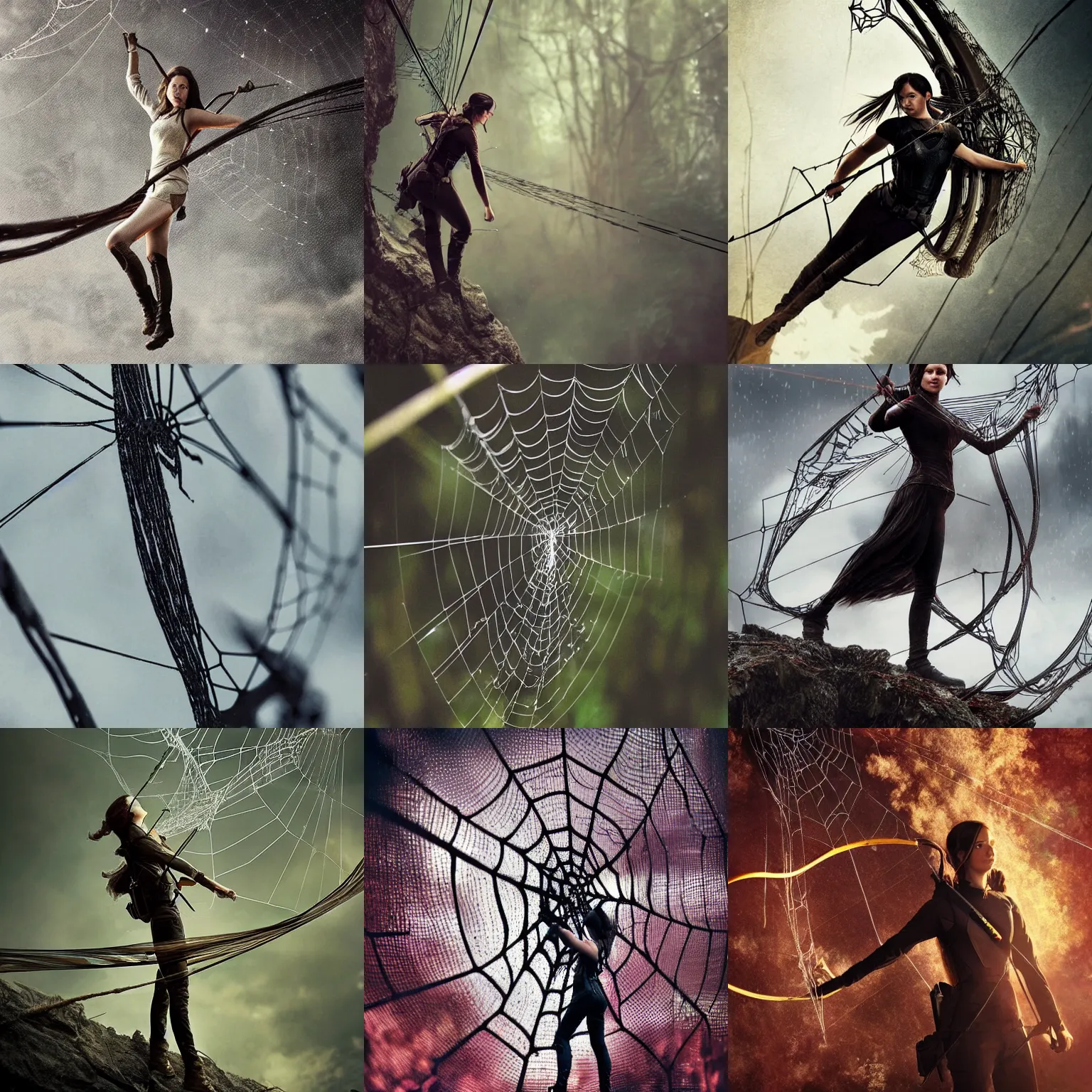 Prompt: katniss everdeen stuck to a giant spiderweb, digital art by greg rutkowski, but as macro!!!!! photography