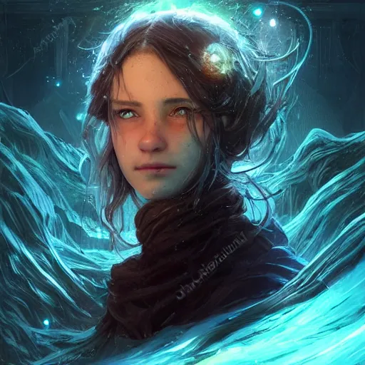 Prompt: portrait young woman with wavy brown hair with a scar across left eye is legendary, frostpunk, high detail, concept art, color, vivid color, floating particles, glowing green eyes, spiral smoke, background by john harris + andreas rocha, artwork by charlie bowater + artgerm + anato finnstark + ross tran