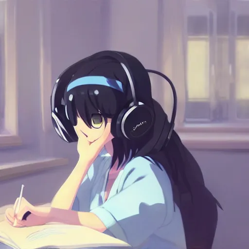 Image similar to Anime painting of a black haired girl wearing headphones while studying in her warm cozy home, by makoto shinkai, relaxed, calm, atmospheric, peacefull, trending on artstation, kimi no na wa