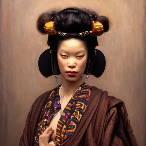 Prompt: highly detailed oil painting | very intricate | cinematic lighting | award - winning | the african geisha in an exquisite himba kimono | by roberto ferri, by tom bagshaw, by j. c. leyendecker and klimt, beautiful cinematic light, american romanticism, by austin osman spare, artstation, cgsociety, official art, octane
