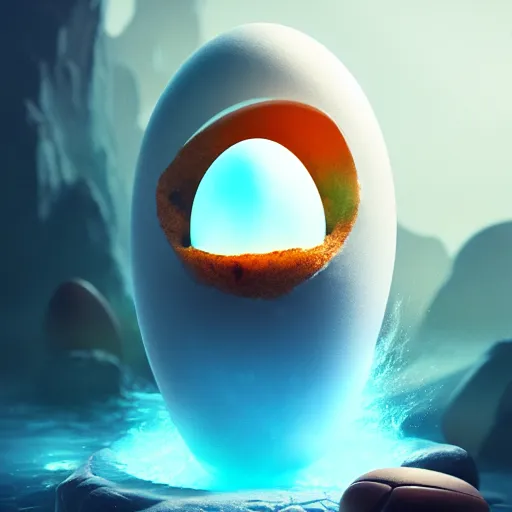 Image similar to magic frozen ice phoenix egg, deadly potion flowing from the top on the egg, rock and sand around, peter mohrbacher style, ray tracing, cinematic, digital art, realistic, octane render