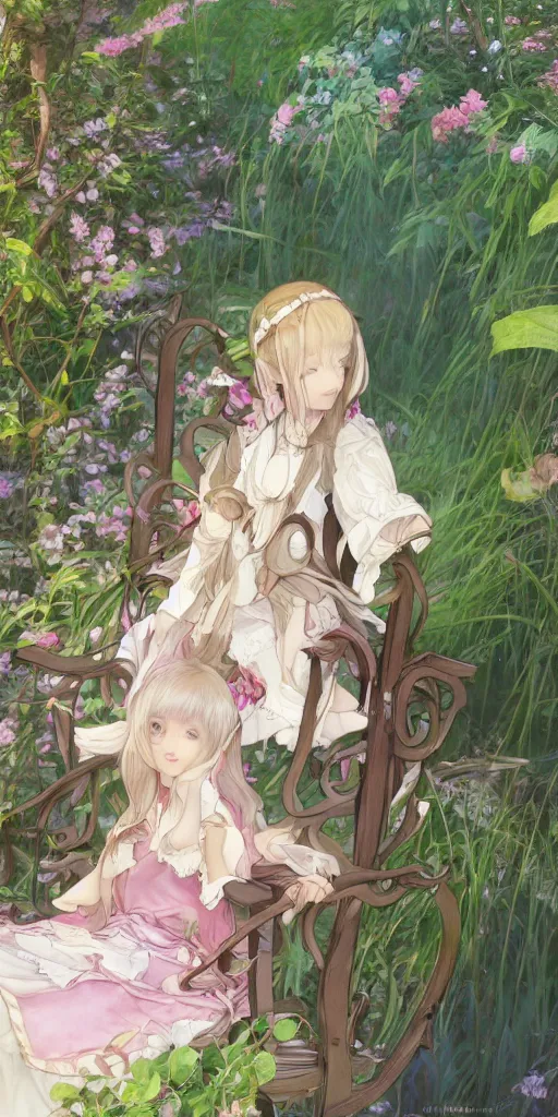 Image similar to a digital art of a loli with long hair in a dress sitting on a garden chair in the privet garden at after noon, green and warm theme, back lighting, by krenz cushart and mucha and akihito yoshida and greg rutkowski and makoto shinkai, extremely long shot, detailed eyes, 4 k resolution, trending on art station