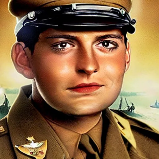 Image similar to tobey maguire dressed as a us ww 2 army soldier during the battle of midway, highly detailed, cinematic lighting, photorealistic