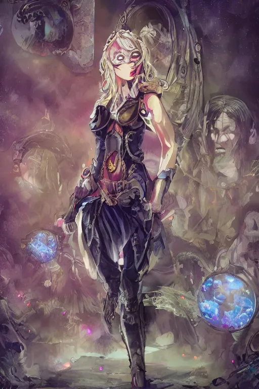 Image similar to Path of Exile, Maven, blue eyes female image with silver purple hair among colourful lights, dark blue spheres fly around, Anachronism, painting, dark fantasy, steampunk, 4k