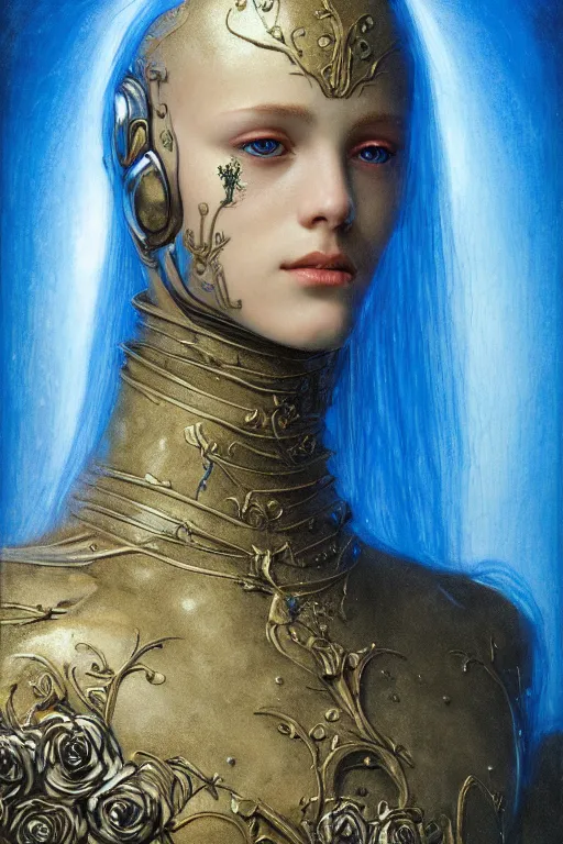 Image similar to portrait of beautiful young mainem, warhammer, russian style, cyber armor with scars, a lot of more scars, more and more flowers, blue head, the middle ages, highly detailed, artstation, illustration, art by jean delville, 8 k quality