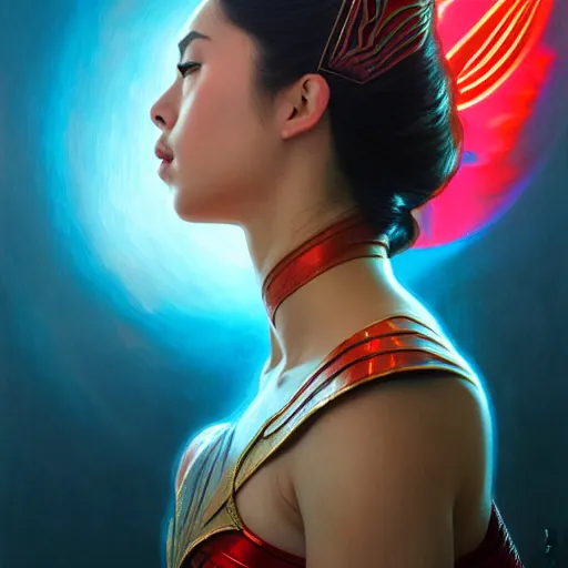 Image similar to julia barretto as darna, volumetric lights, red and cyan theme, art nouveau botanicals, intricate, highly detailed, digital painting, artstation, concept art, smooth, sharp focus, cinematic, illustration, beautiful face, art by artgerm and greg rutkowski and alphonse mucha