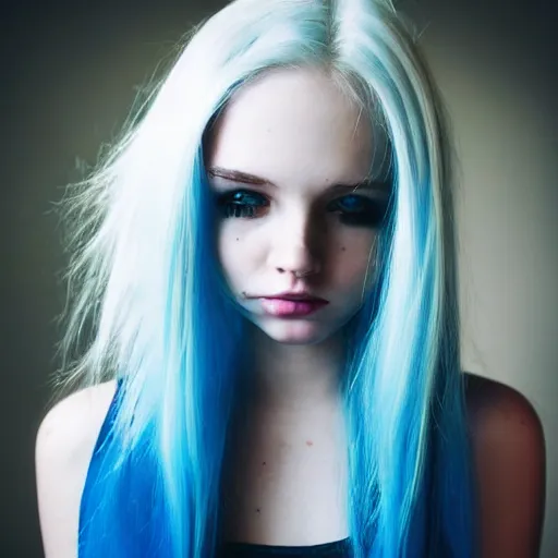 Image similar to photoshoot portrait of a teen emo girl, blonde and blue hair, flawless features, pale skin, beautiful beautiful beautiful instagram selfie, tyftt, prime