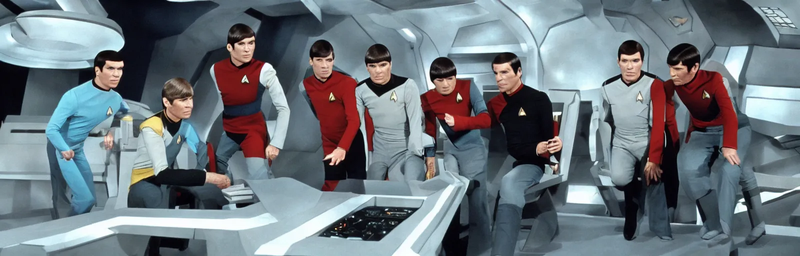 Image similar to a screencap of captain kirk, mr. spock and doctor mccoy on the bridge of the enteprise, in star trek the original series