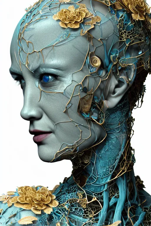Prompt: cinema 4d render, ultra detailed of a beautiful translucid porcelain old woman face, cracked. biomechanical cyborg, analog, 35mm lens, beautiful natural soft rim light, big leaves and stems, roots, fine foliage lace, turquoise gold details, Alexander Mcqueen high fashion haute couture, art nouveau fashion embroidered, intricate details, mesh wire, mandelbrot fractal, anatomical, facial muscles, cable wires, elegant, hyper realistic, in front of dark flower pattern wallpaper, ultra detailed, 8k post-production