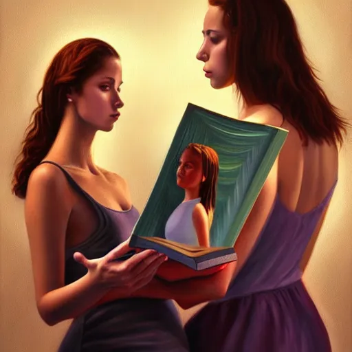 Image similar to hyperrealistic painting of a beautiful young woman holding a book while a woman and three men peep into the book from behind, detailed digital art, trending on artstation