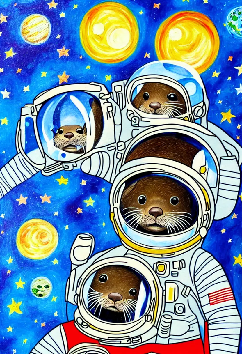 Image similar to children's storybook, detailed guache painting, semi-realistic portrait of an otter in an astronaut space suit floating in outer space.