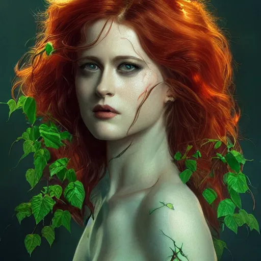 Image similar to full figure ultra realistic illustration, evan rachel wood as poison ivy, intricate, elegant, highly detailed, digital painting, artstation, concept art, smooth, sharp focus, illustration, art by artgerm and greg rutkowski and alphonse mucha