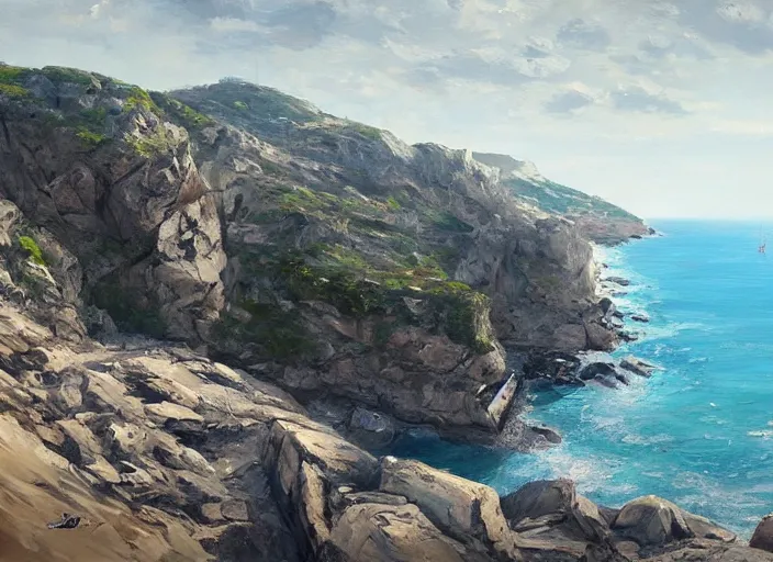 Prompt: villane brutalist base of James Bond, coastal perched on a cliff overlooking a magnificient bay, concept art oil painting by Jama Jurabaev, extremely detailed, brush hard, artstation