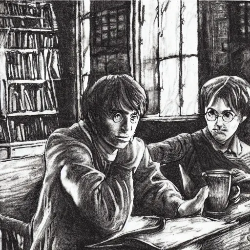 Prompt: Harry Potter Ron and Hermione in the Hogwarts common room, drawn by Mikhail Vrubel
