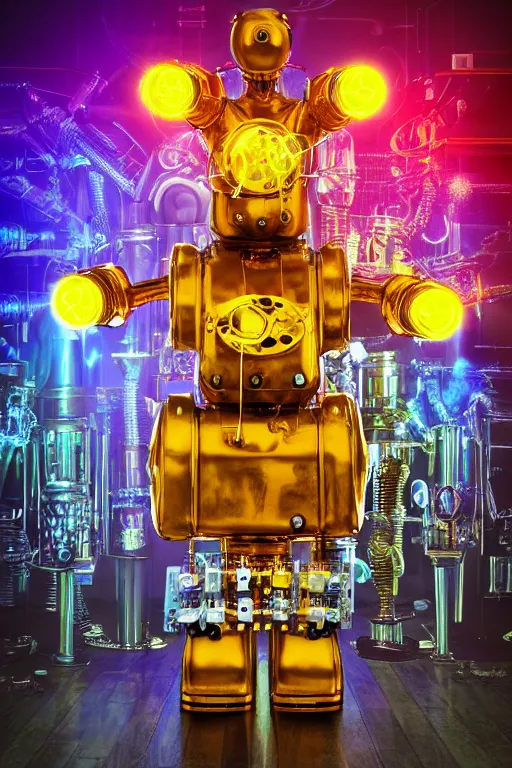 Prompt: portrait photo of a giant huge golden and blue metal humanoid steampunk robot barmixer with a cocktail shaker, with a human face and gears and tubes, eyes are glowing red lightbulbs, shiny crisp finish, 3 d render, 8 k, insaneley detailed, fluorescent colors, background is multicolored lasershow