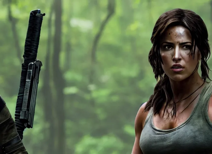 Image similar to film still of!!!! chloe bennett!!! as lara croft in new tomb raider movie, 8 k