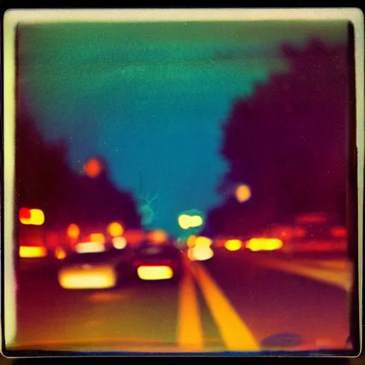 Image similar to colorful instant photograph of the middle of the street at night, polaroid, light leak, raw, nostalgic