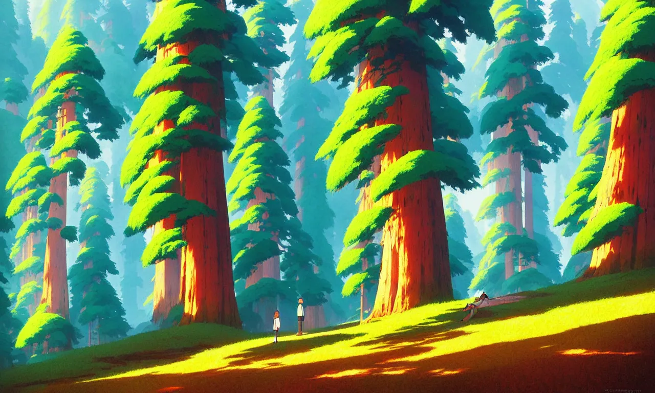 Image similar to Sequoia forest in a colorful moutain with beautiful trees , no people, morning, by studio ghibli painting, superior quality, masterpiece, traditional Japanese colors, by Grzegorz Rutkowski, concept art