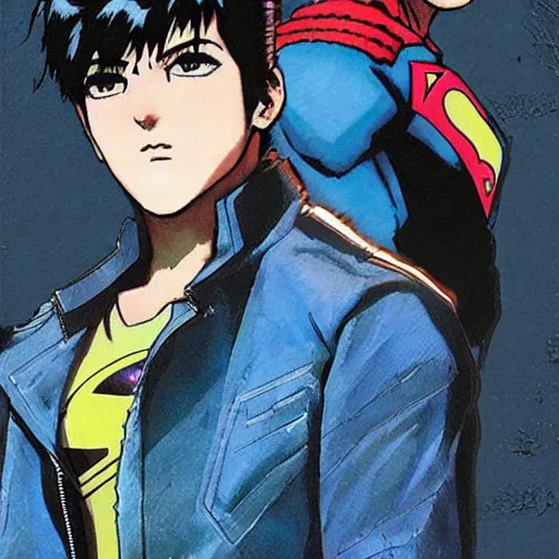 Image similar to a black haired blue eyed teen boy in a punk outfit. Leather jacket. Patches. Spiked shoulder pads. Superboy. 90’s superboy. Superman. By Repin. By Makoto shinkai. Artgerm.