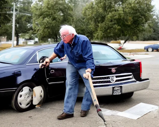 Prompt: bernie sanders smashing a 2001 cadillac deville into pieces with a sledgehammer