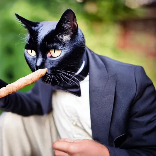 Image similar to black cat smoking cigar and wearing suit.