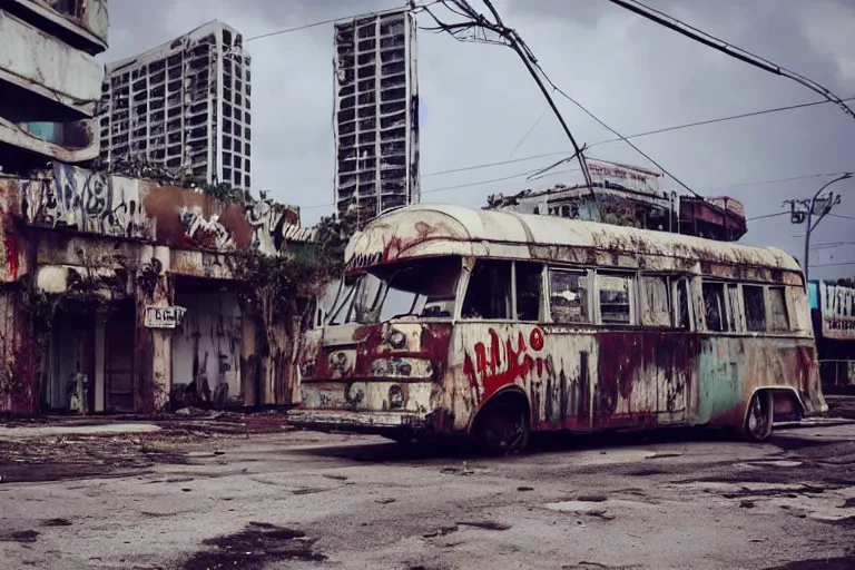 Image similar to low wide angle shot of dilapidated fallout 5 miami, tropical coastal city, desolate, dilapidated neon signs, few rusted retro futuristic vintage parked vehicles like cars, buses, trucks, trams, volumetric lighting, photorealistic, fog, daytime, autumn, overcast weather, sharp focus, ultra detailed, 4 0 0 0 k